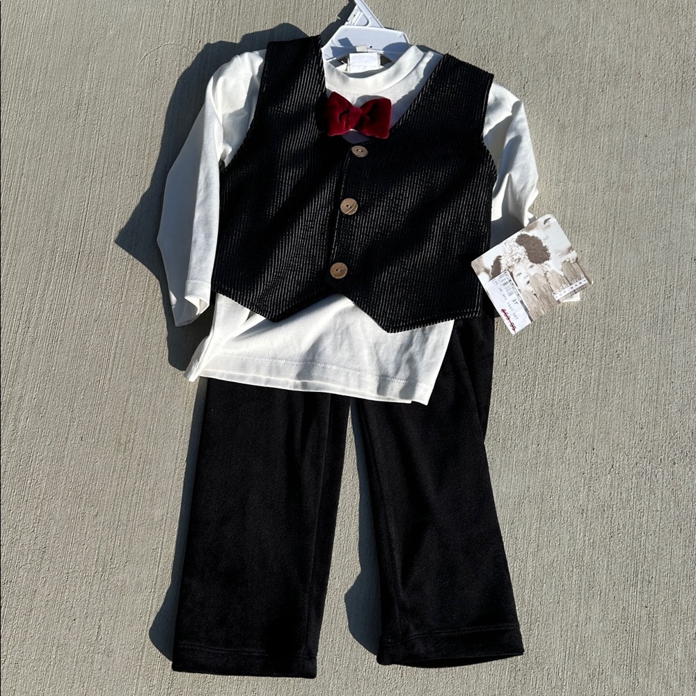 Boys Black and White Formal Outfit with Red Bow Tie